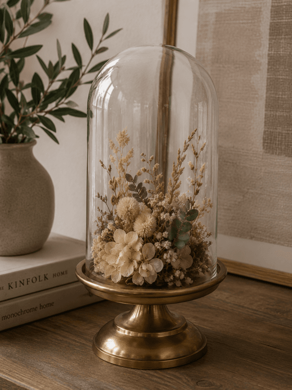 Glasskuppel med gullfarget fot - 28 cm